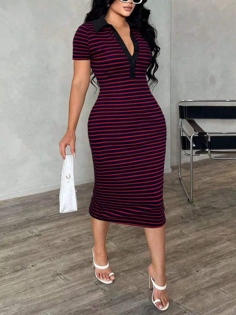 Chic striped polo midi dress in black and red with short sleeves and button detail.