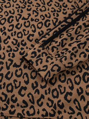Brown leopard print joggers with black side stripes and drawstring detail.