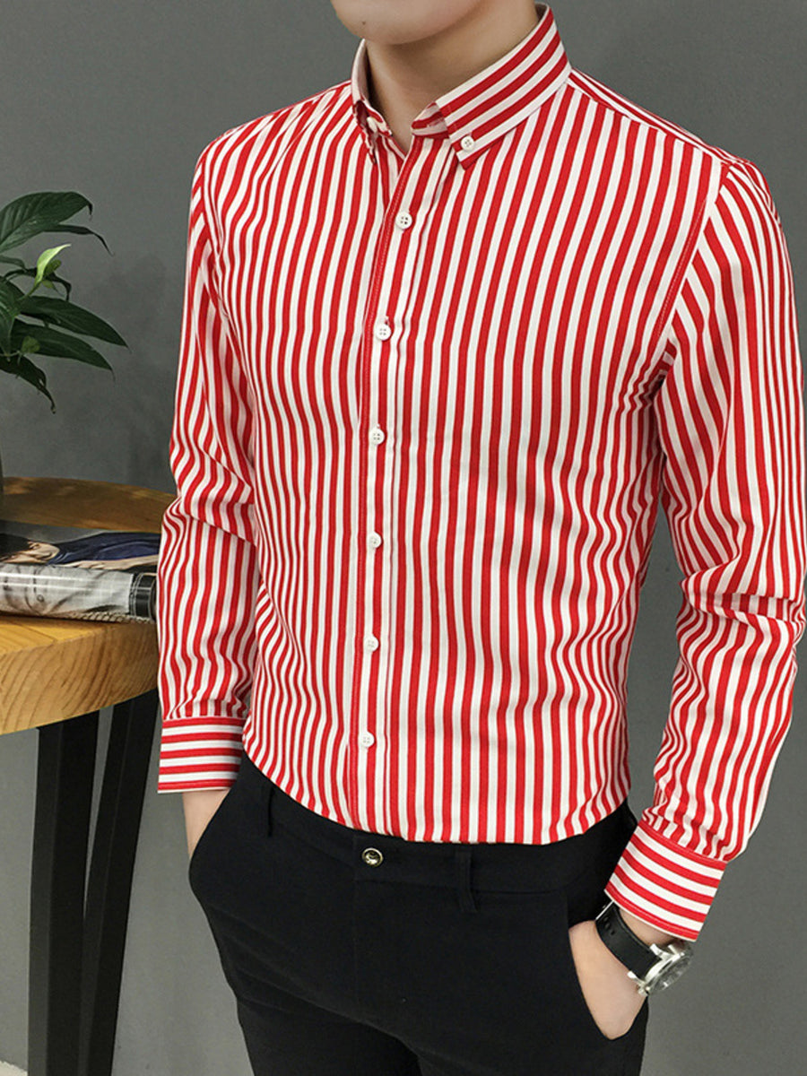 Men's red and white striped button-up shirt, cotton, casual long sleeve.