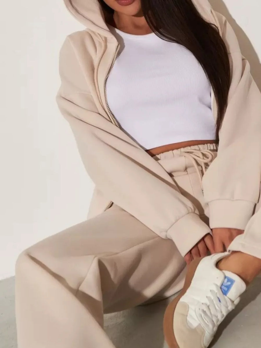 Zip-up Hoodie And Wide-leg Pants Set in Brown