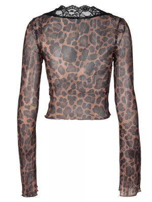 Leopard print sheer long sleeve t-shirt with lace neckline detail