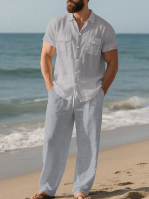 Navy Blue Men's Casual Button-up Shirt And Pants Set Plus Size
