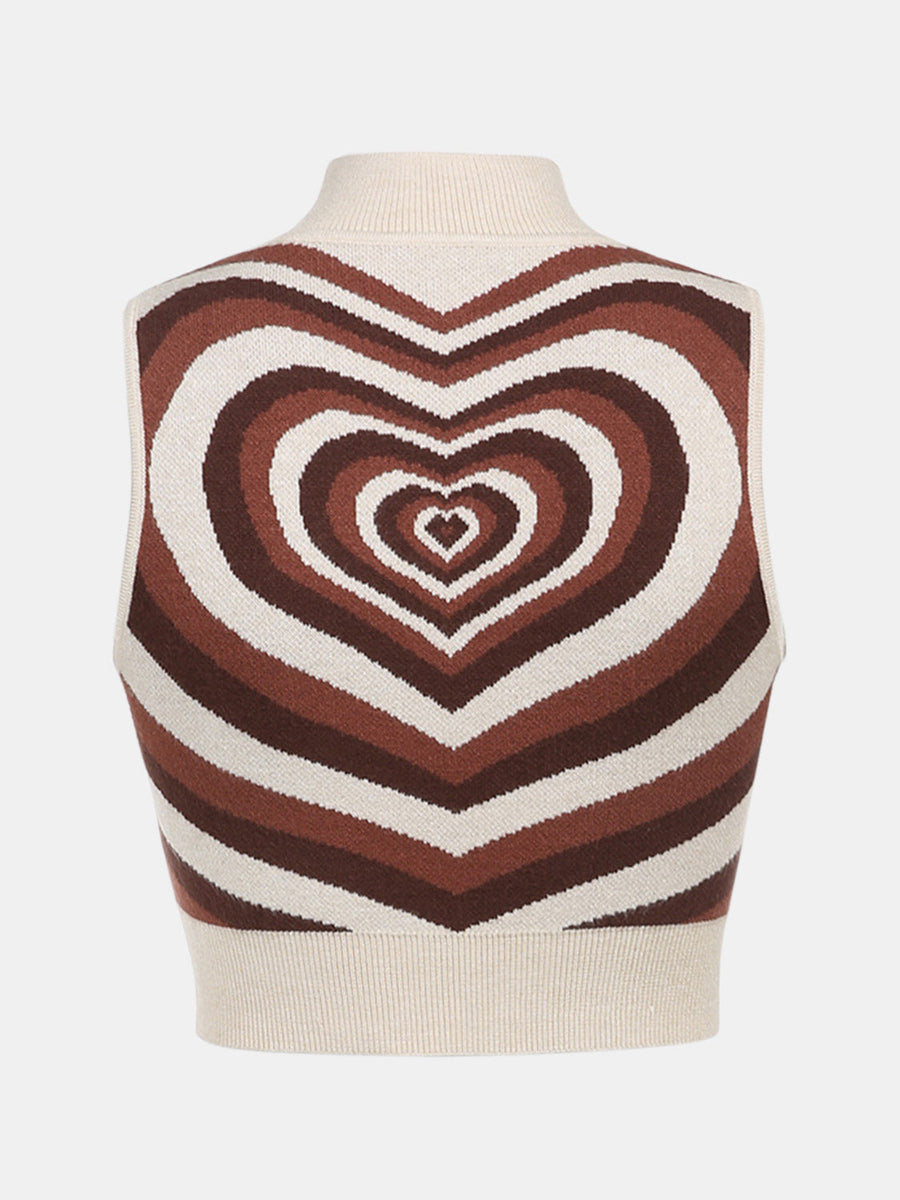Brown knit tank top with a concentric heart pattern and mock neck.