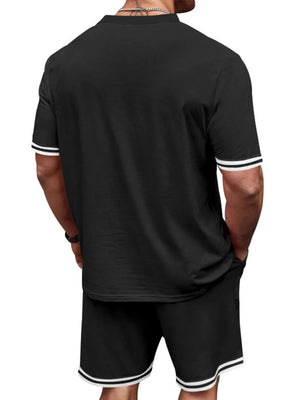 Black t-shirt and shorts set with white stripe trim on sleeves and hem