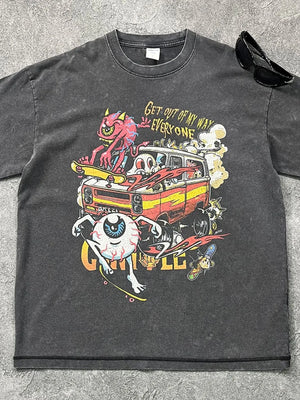 Acid wash black cotton graphic tee with cartoon print and text Get Out Of My Way Everyone.