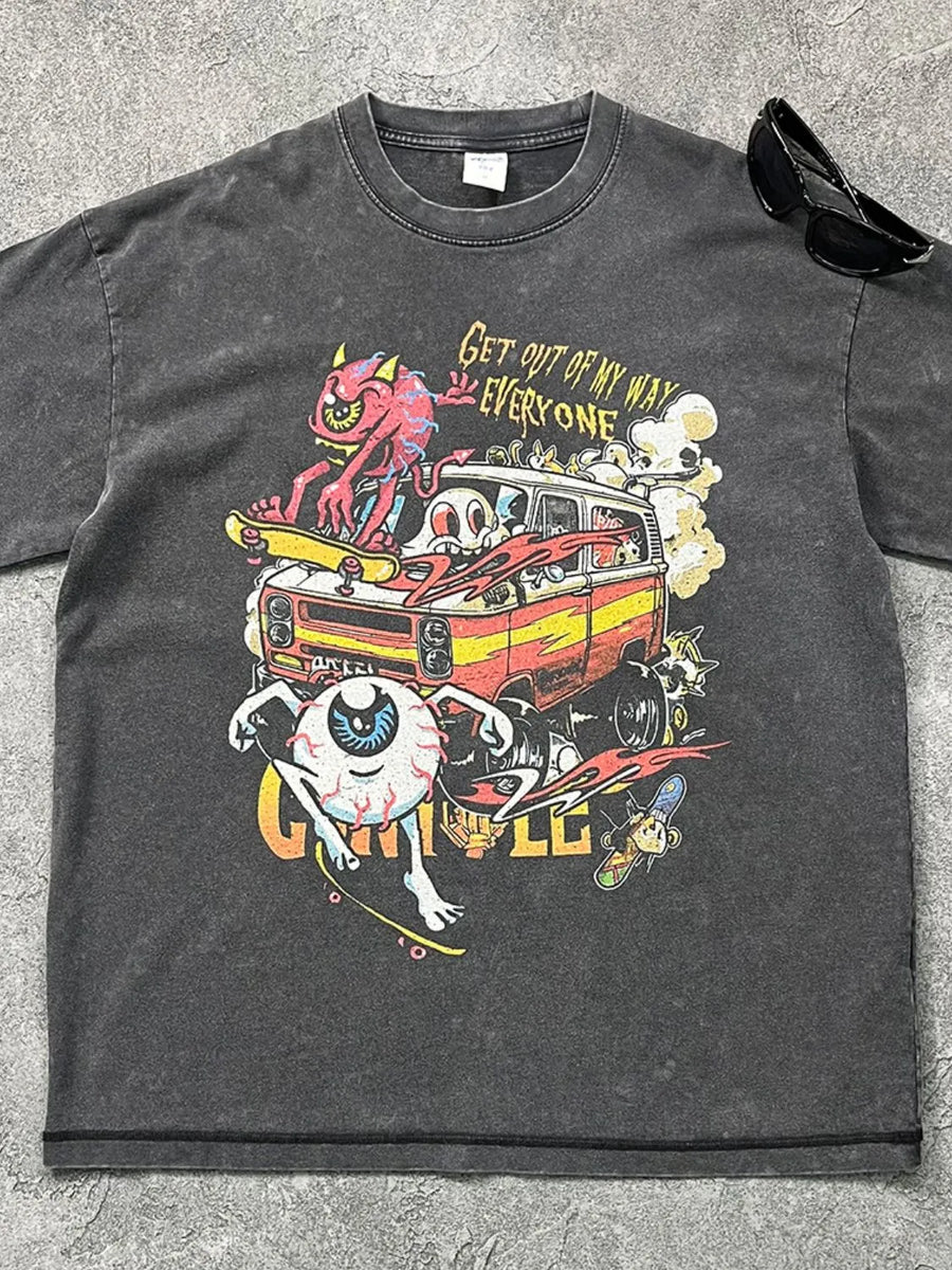 Acid wash black cotton graphic tee with cartoon print and text Get Out Of My Way Everyone.