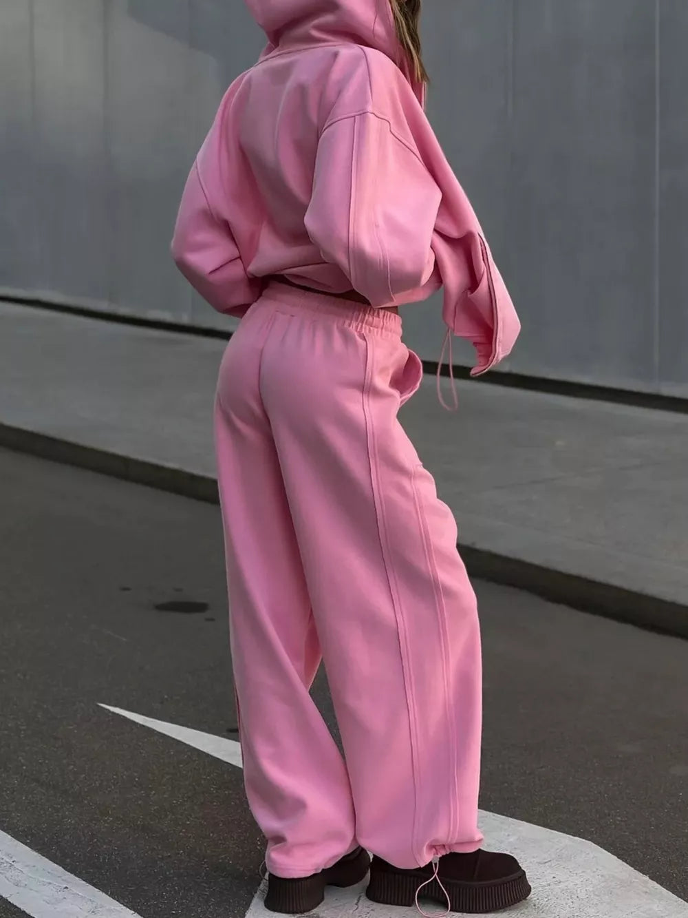 Oversized Zip-up Hoodie And Wide-leg Pants Set in Brown, view 22