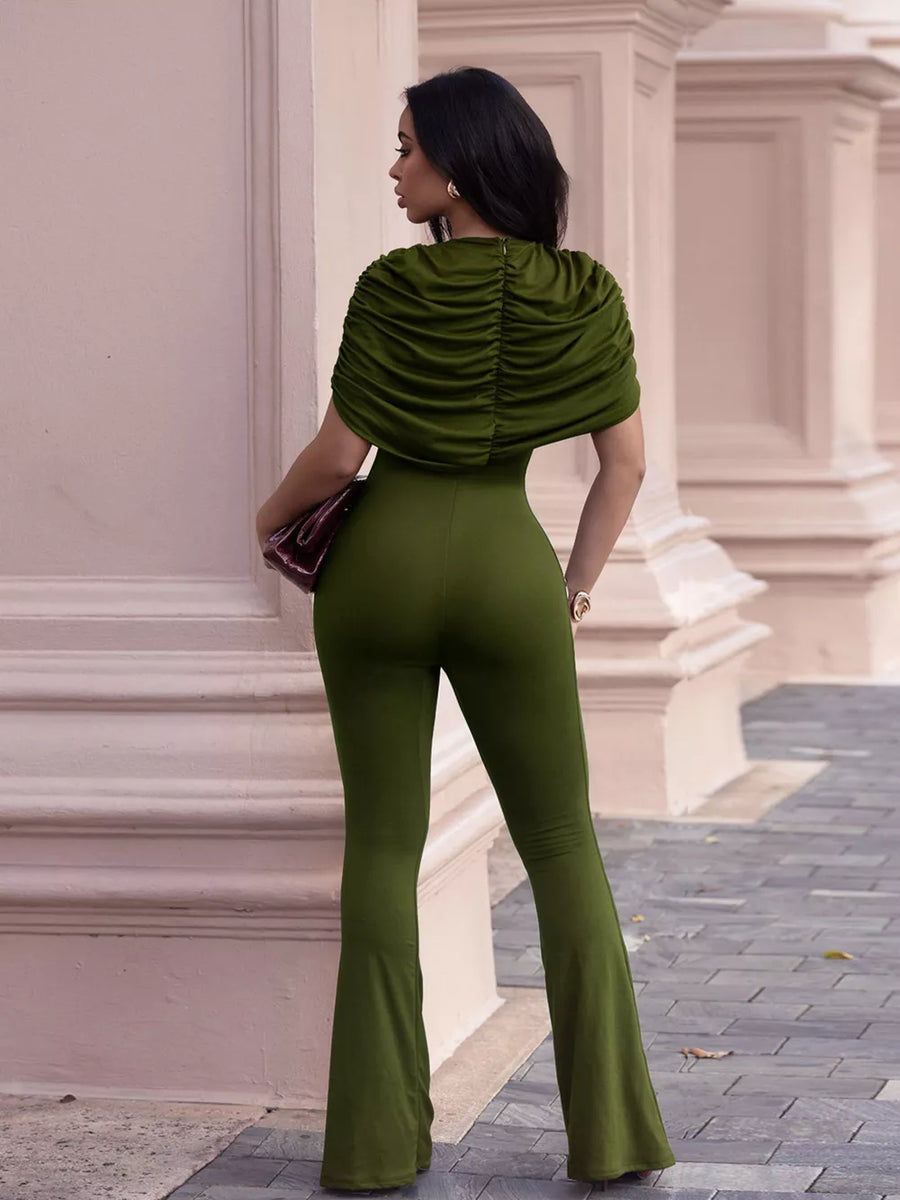 Elegant ruched romper with flared legs in Black Forest, cap sleeves, bodycon fit