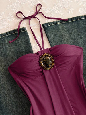 Rose Red with Embellished Front Halter Neck Cami in Rose Red