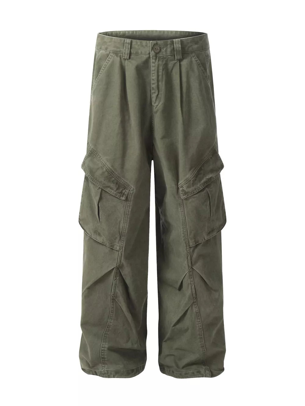 Green cargo sweatpants with multiple pockets and a relaxed fit.