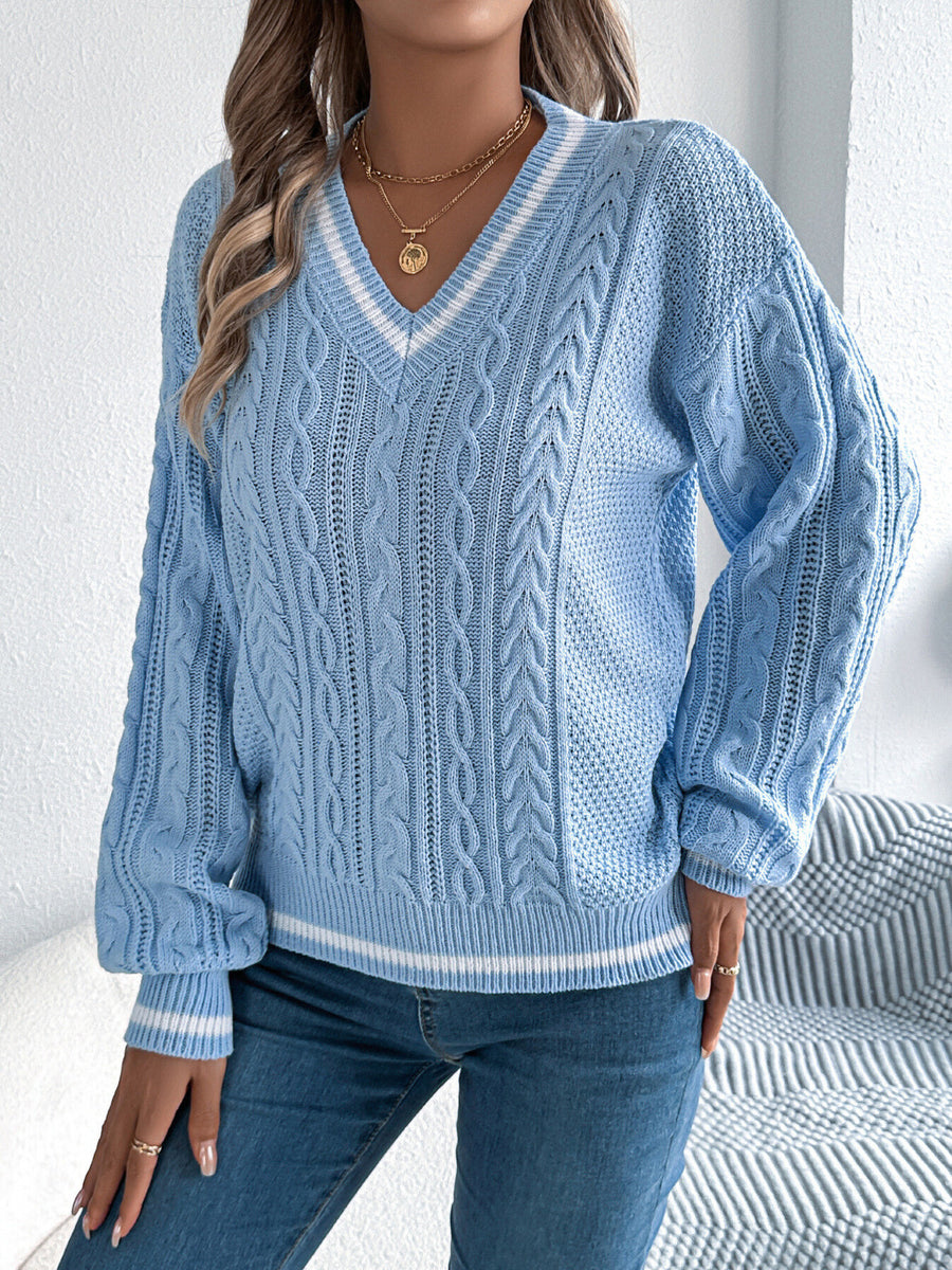 v-neck sweater in White with cable knit and cable-knit