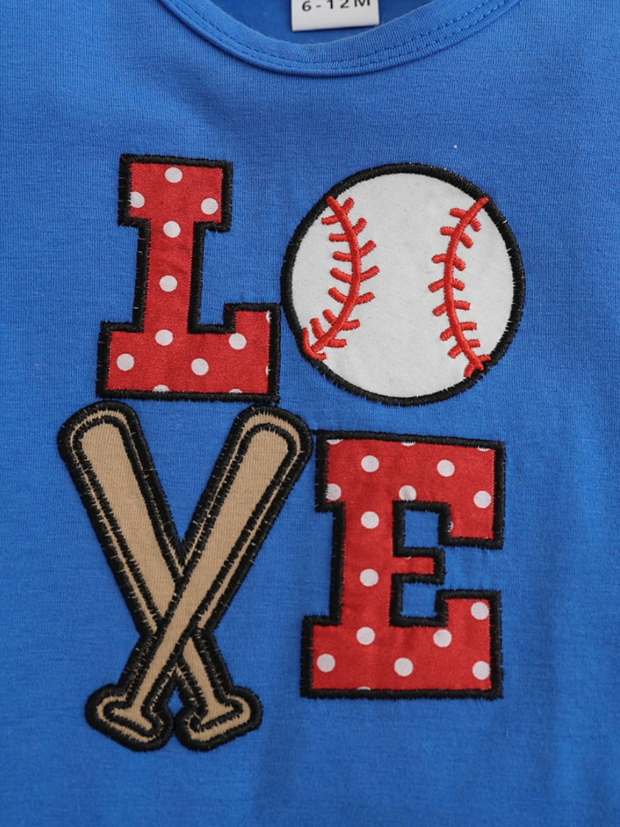 Blue cotton tee with baseball LOVE graphic and crossed bats applique