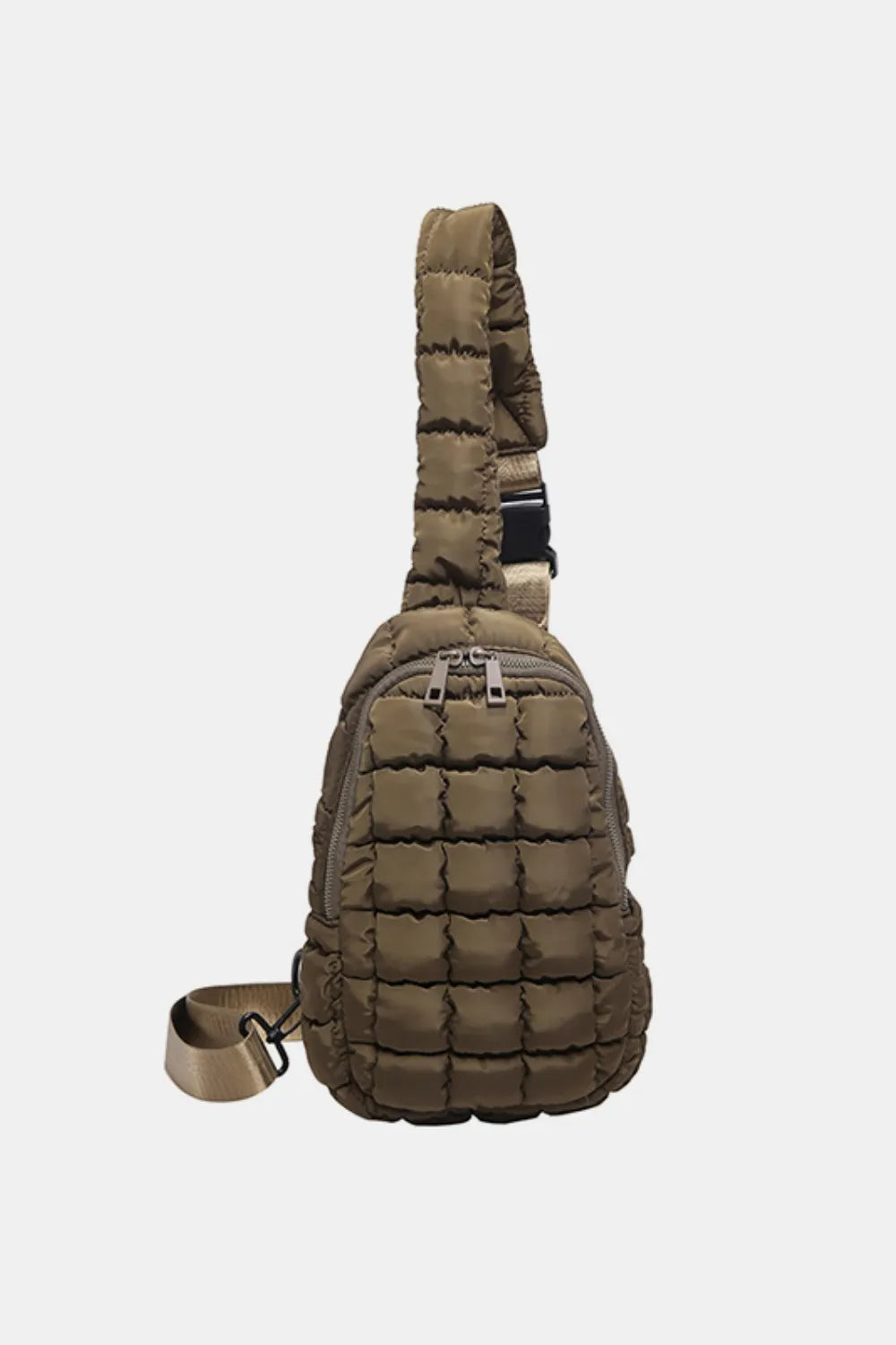 Padded sling bag in coffee brown with quilted pattern and top handle.