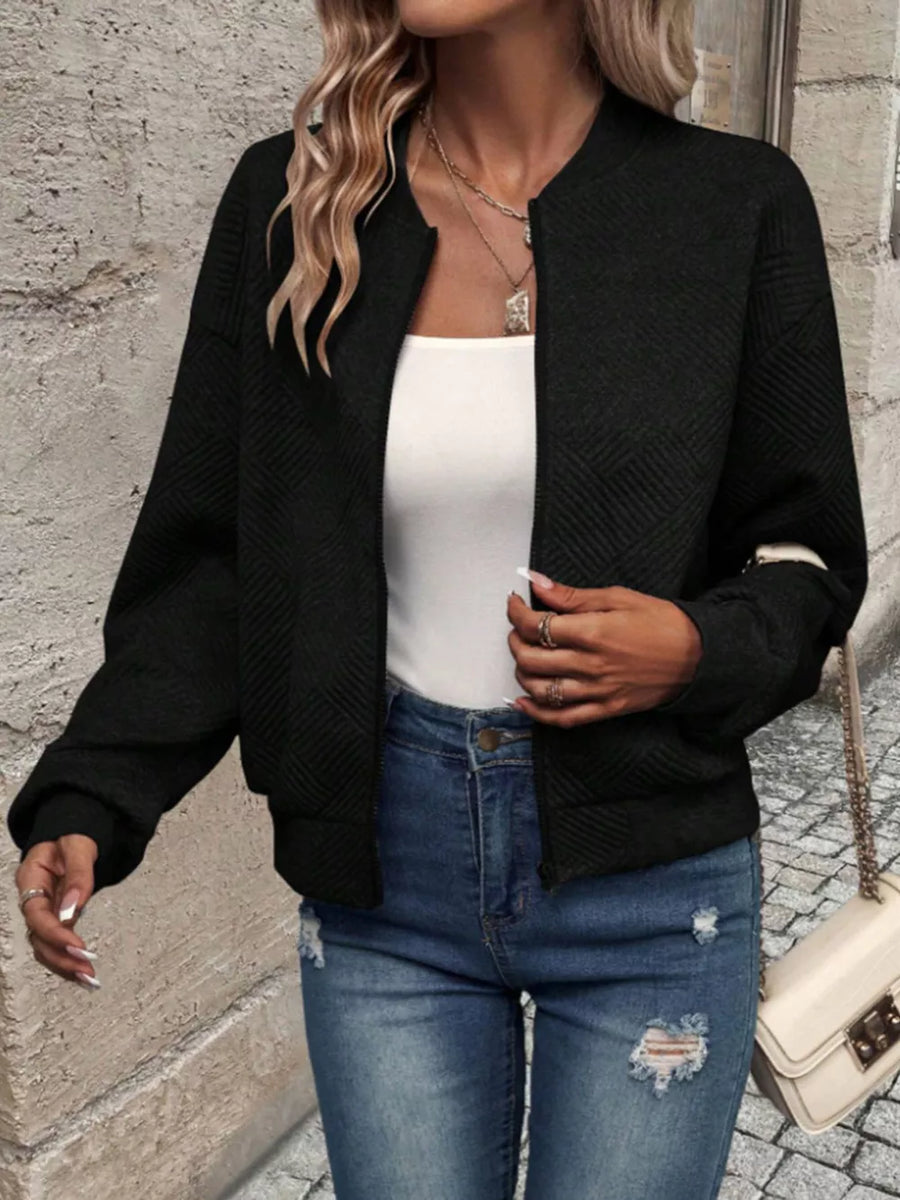 Textured Knit Zip-up Bomber Jacket in Khaki with pocketed