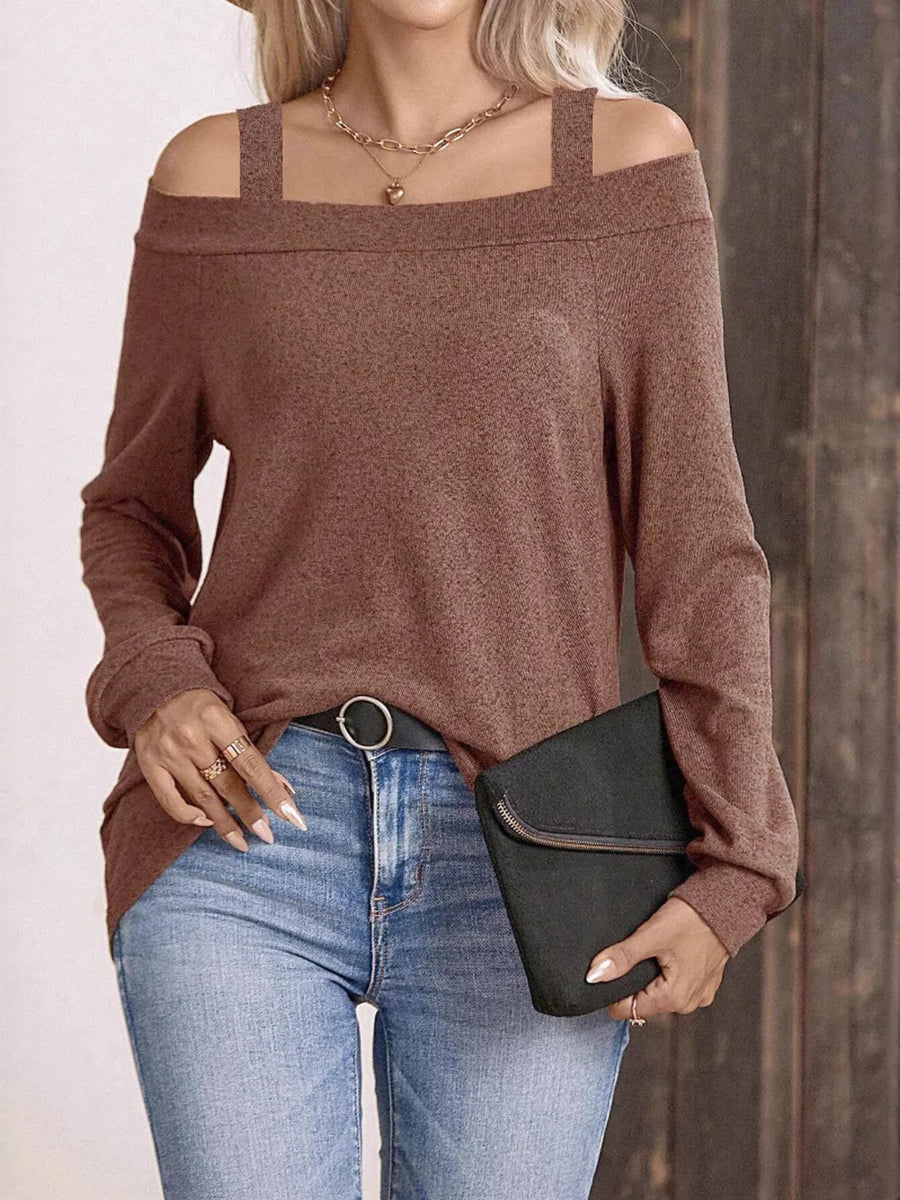 Cold Shoulder Long Sleeve T-shirt in Brown
