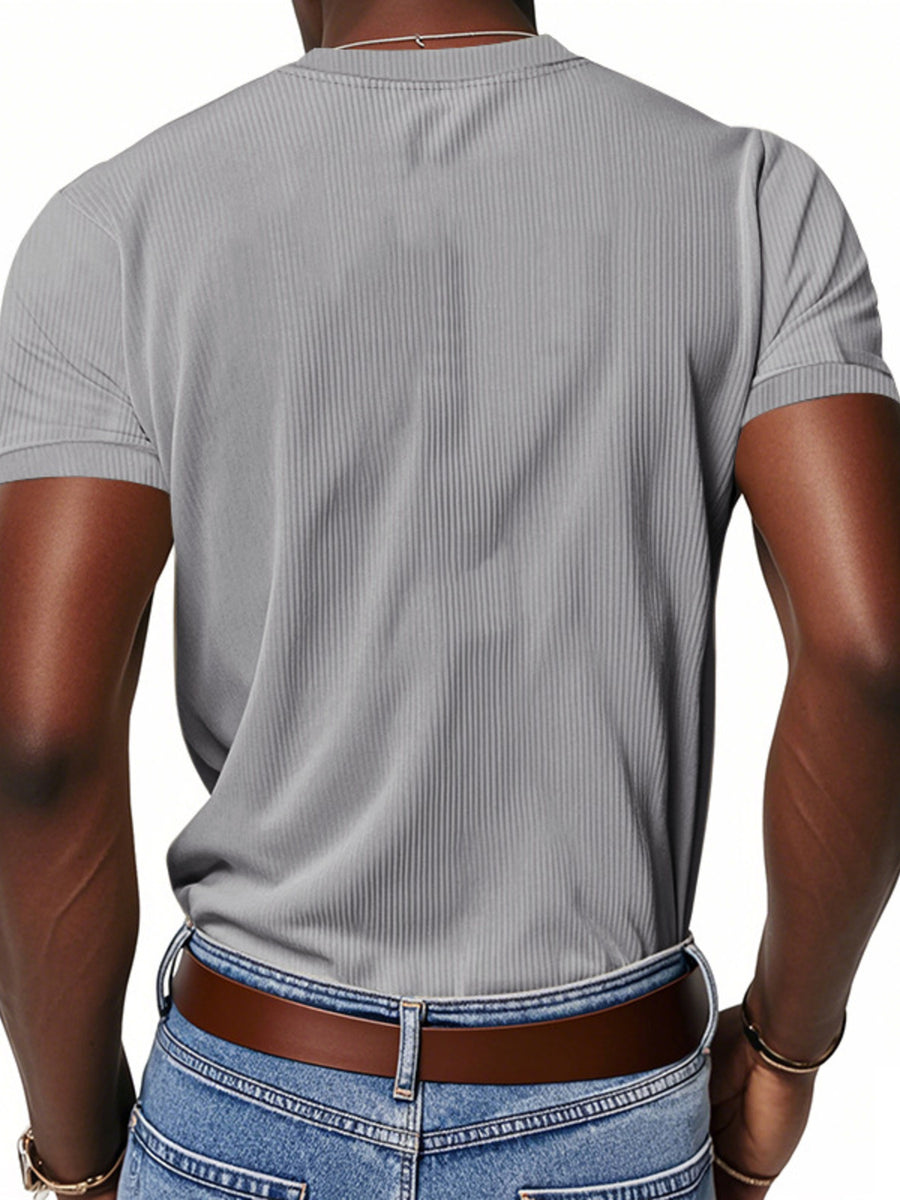 Men's grey ribbed V-neck t-shirt with short sleeves.