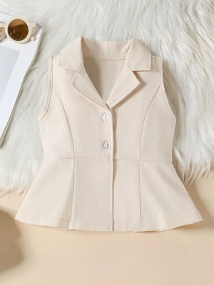 Beige sleeveless peplum blazer with collar and two buttons