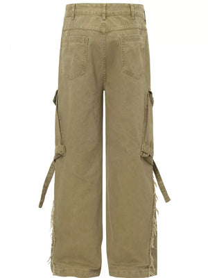 Apricot cargo pants with buckle detail, pockets, and distressed frayed hems.