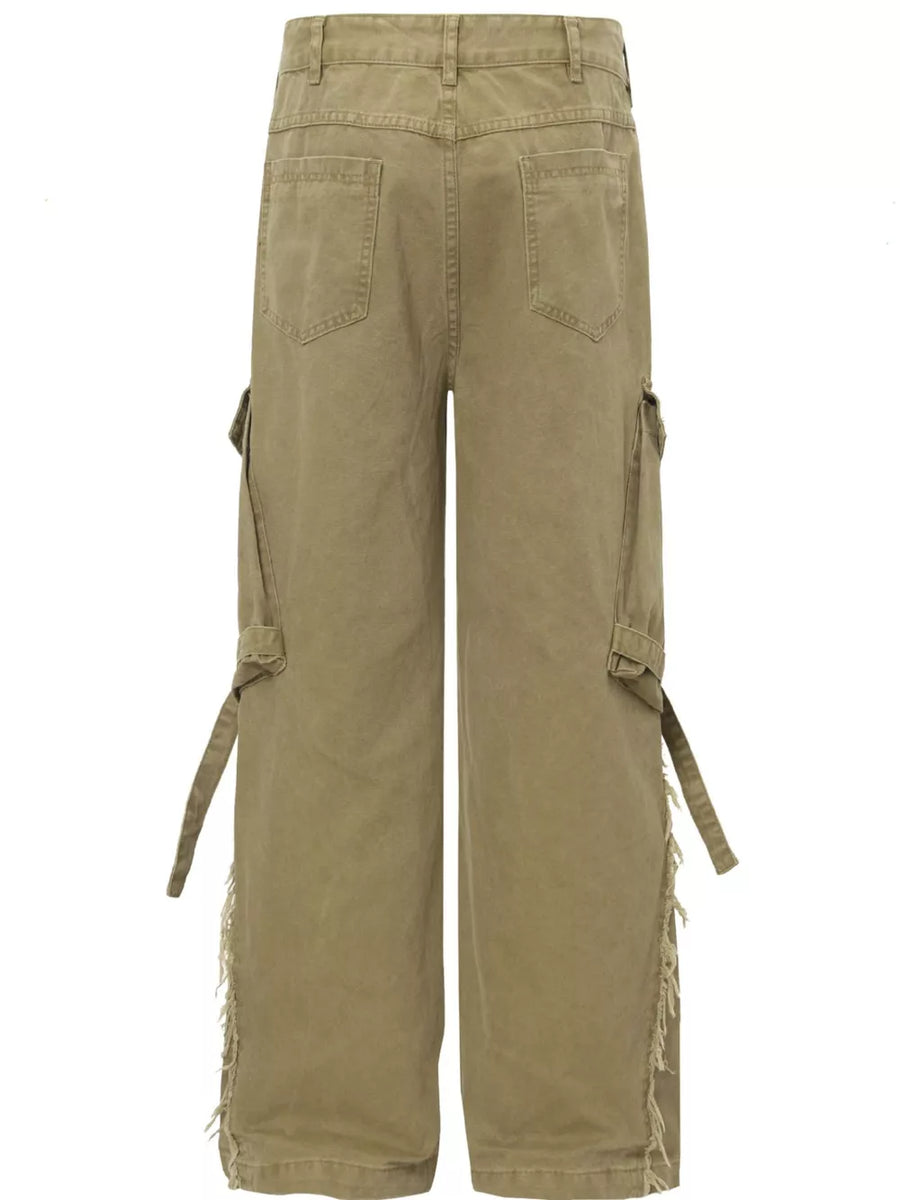 Apricot cargo pants with buckle detail, pockets, and distressed frayed hems.