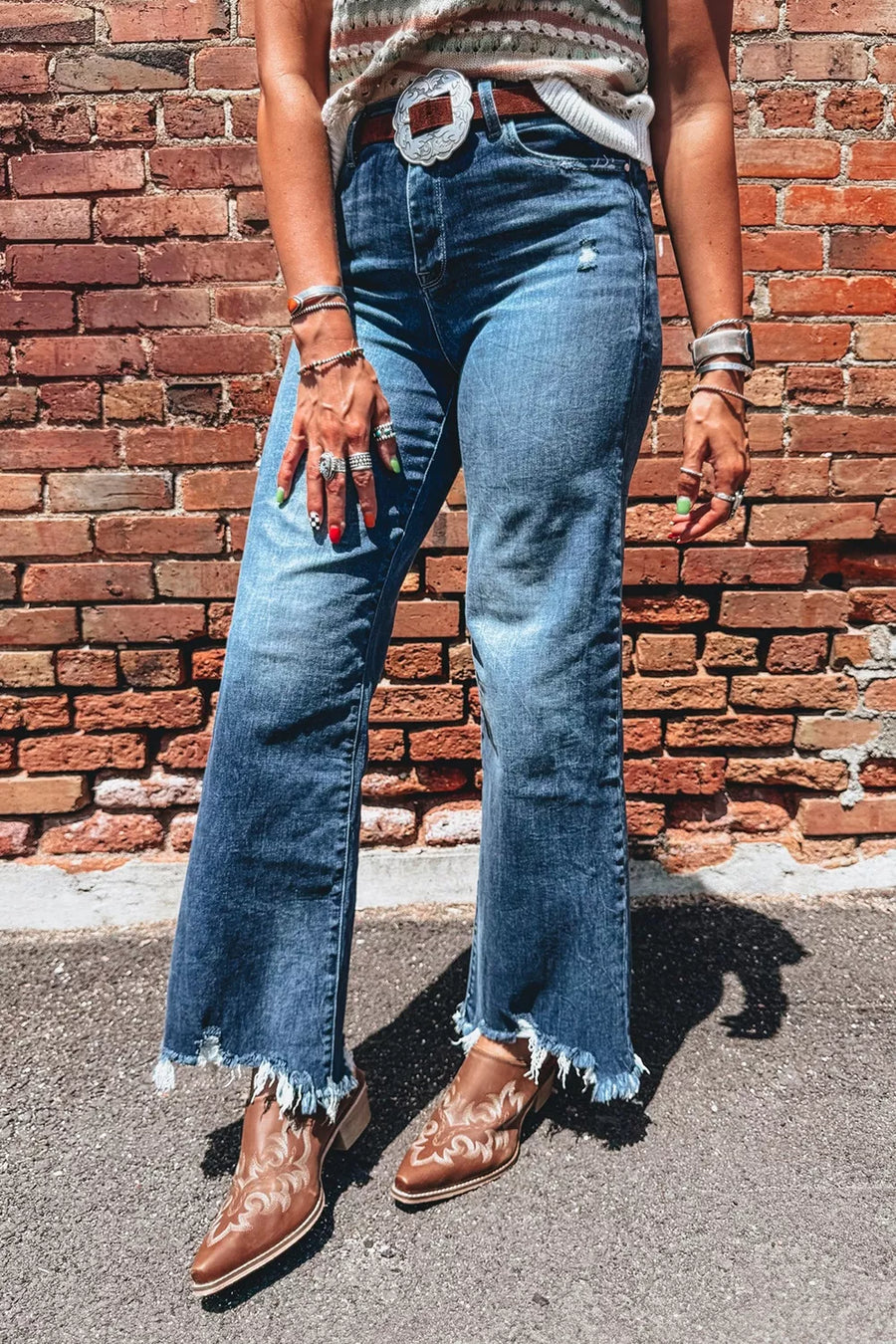 High Waist Frayed Hem Flare Jeans option 4