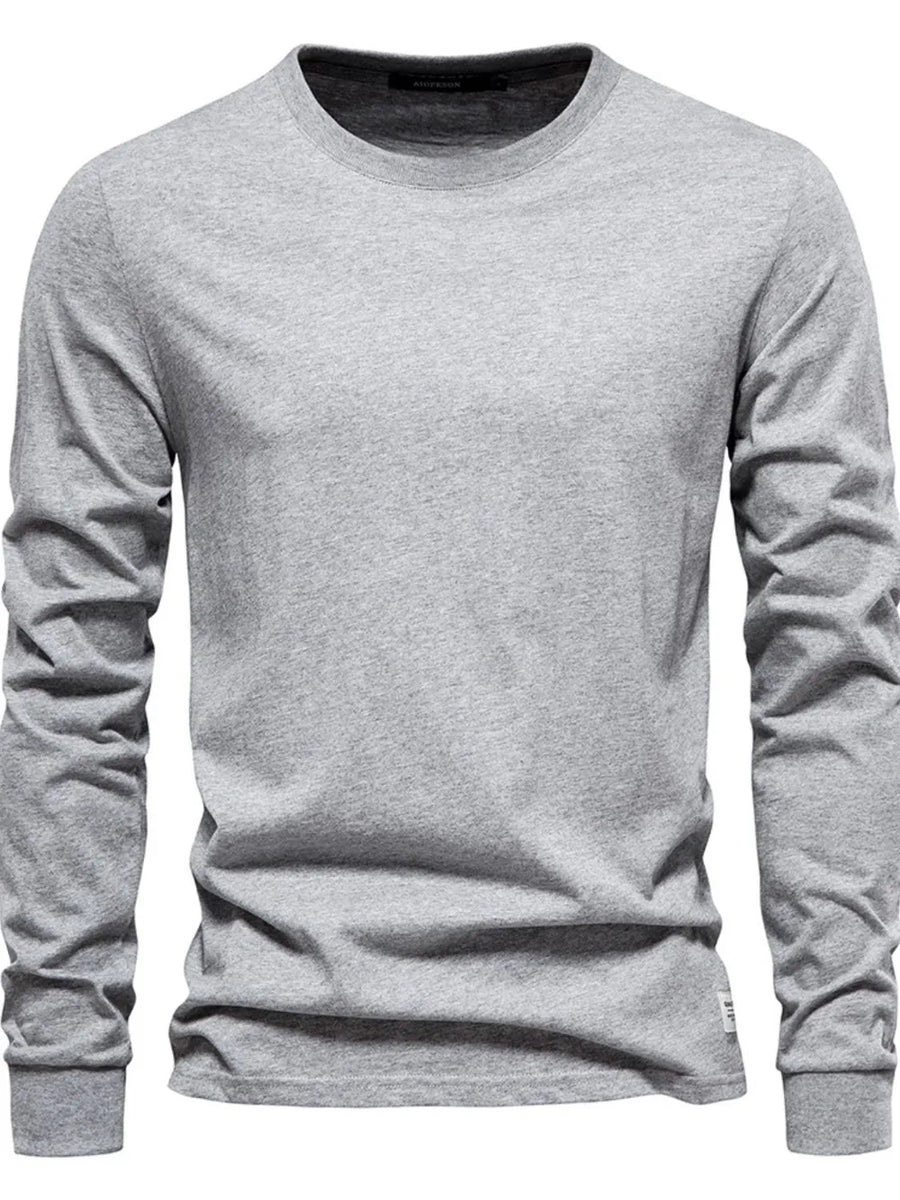 Gray crewneck long sleeve t-shirt with a relaxed fit and a small white tag detail on the hem.
