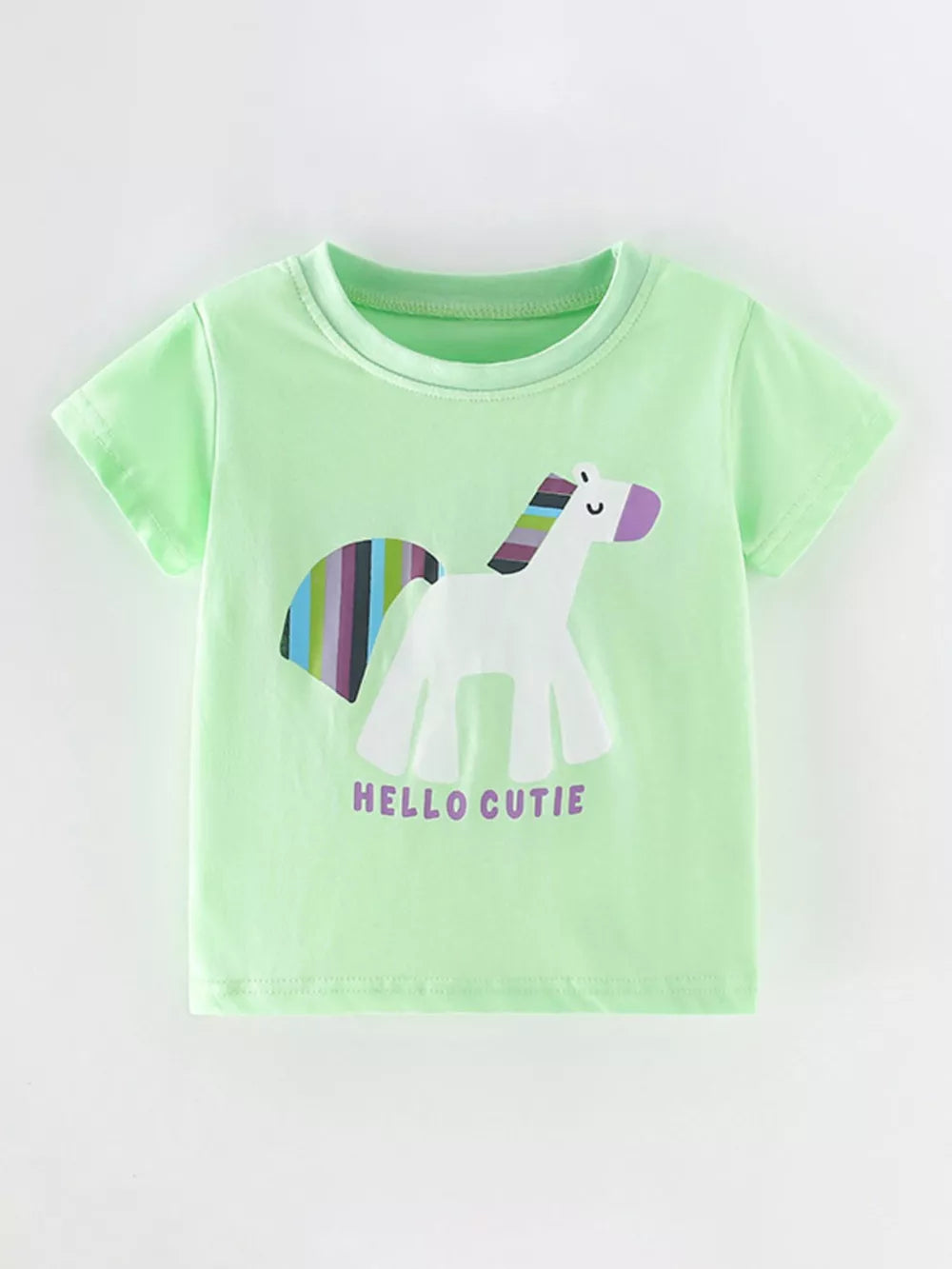 Light green cotton t-shirt with a white unicorn graphic and "HELLO CUTIE" text.