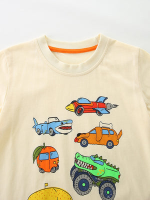 Cream cotton toddler t-shirt with cartoon vehicles including a shark car, rocket car, dog car, and monster truck.