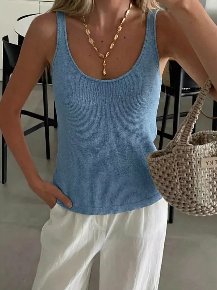 Blue scoop neck knit vest with a comfortable fit