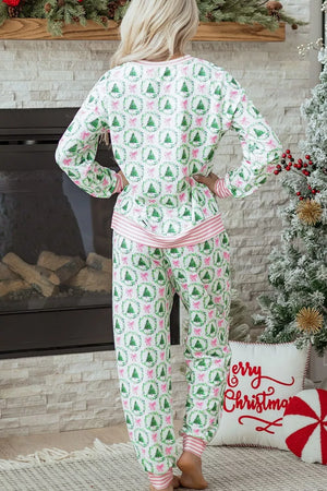 pajama set in green with christmas tree print and two-piece