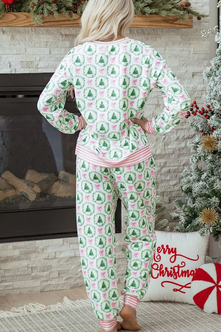 pajama set in green with christmas tree print and two-piece