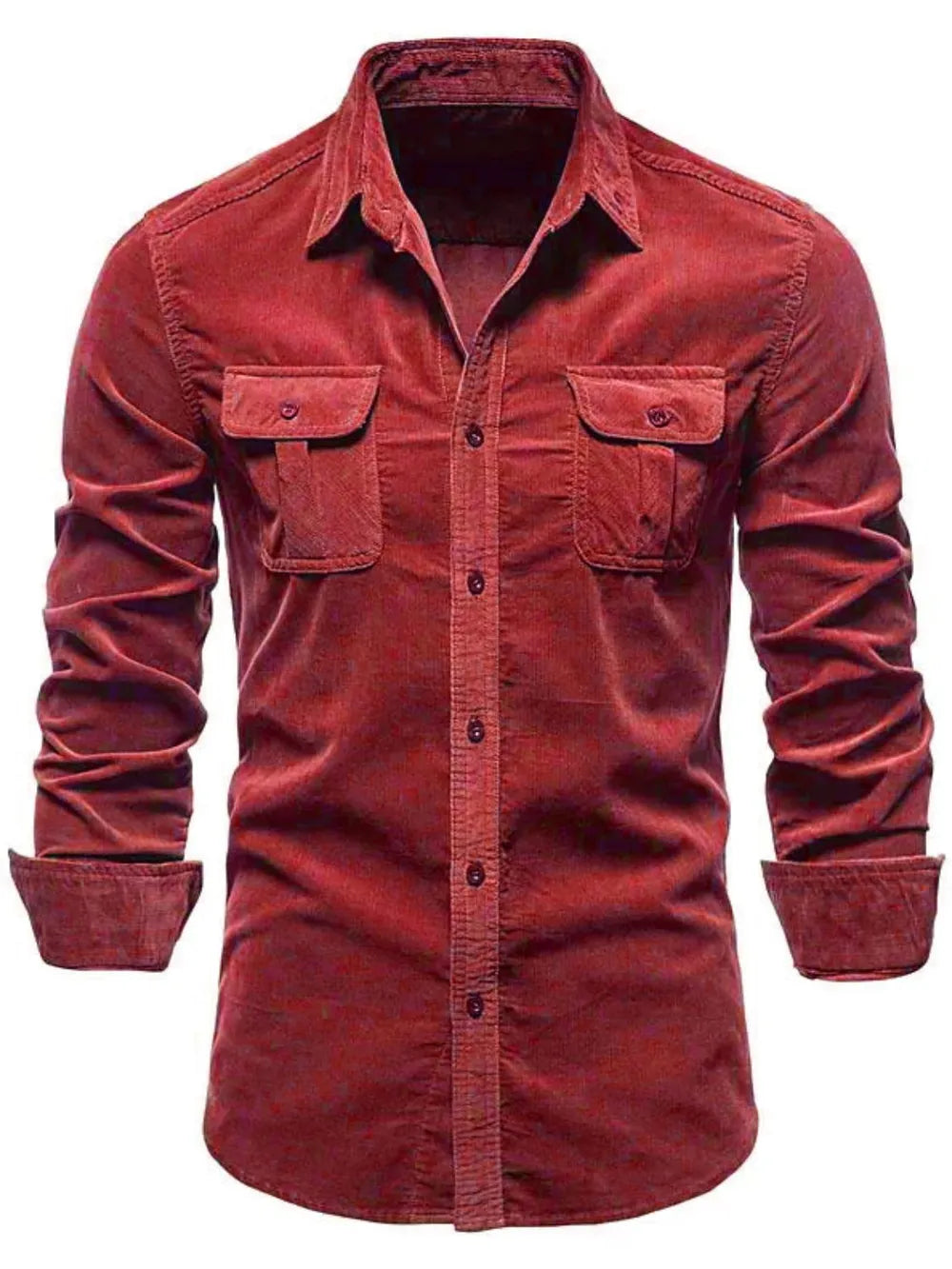 Deep Red corduroy utility shirt with two chest pockets and button front.
