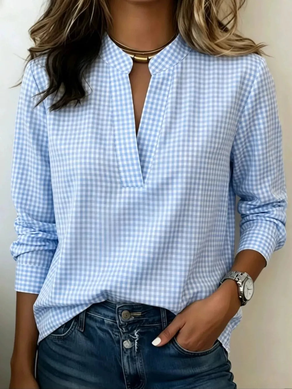 Pink Full Size Plaid Notched Long Sleeve Blouse