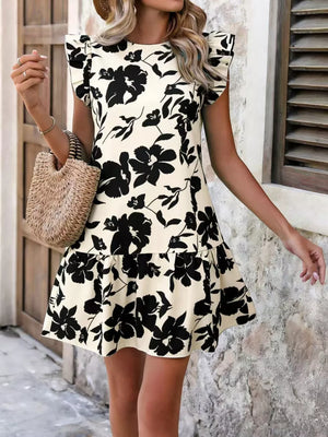Cream with Floral Print Ruffle Sleeve Mini Dress in Cream
