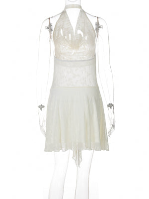 White lace backless mini dress with halter neck and asymmetrical hem