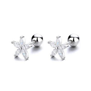 Silver flower stud earrings with clear marquise crystals, 925 sterling.