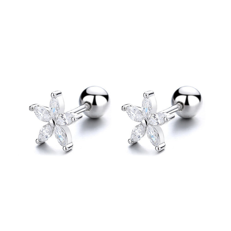 Silver flower stud earrings with clear marquise crystals, 925 sterling.