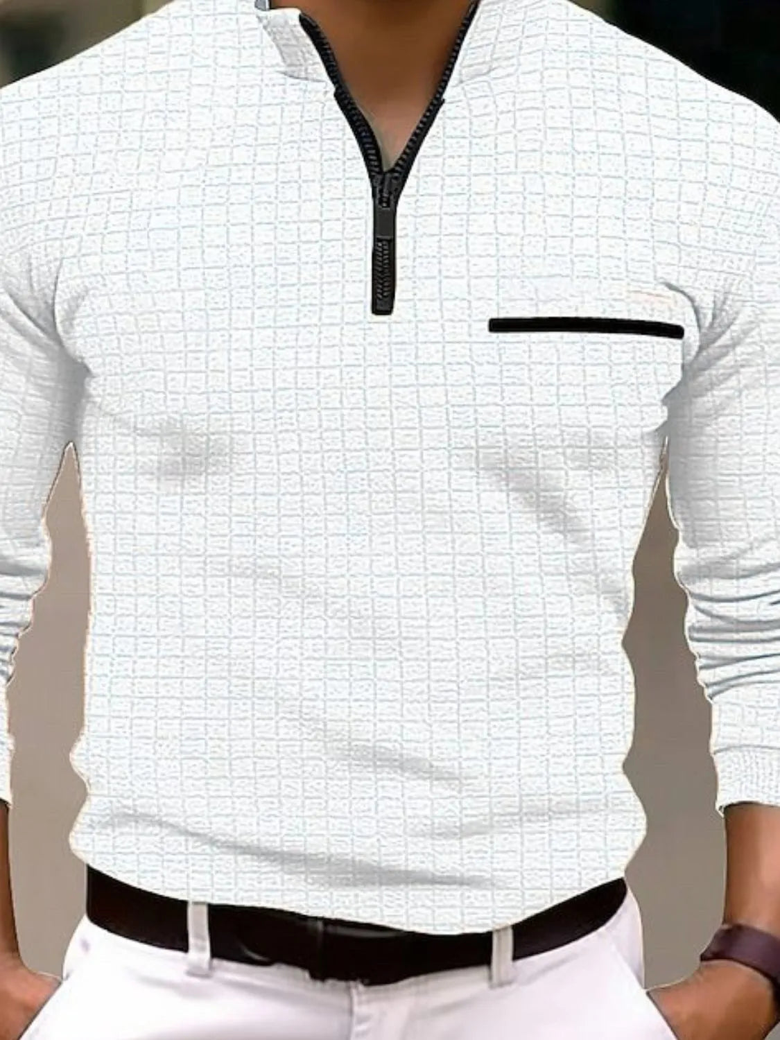 White textured zip-neck polo with black contrast pocket