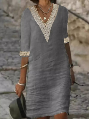 Full Size V-neck Half Sleeve Dress in Taupe with lace detail