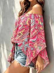 white off-shoulder top with ruffled sleeves and bell sleeve