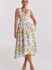 Floral print midi dress with V-neck and a-line skirt in cream with pink and yellow roses.