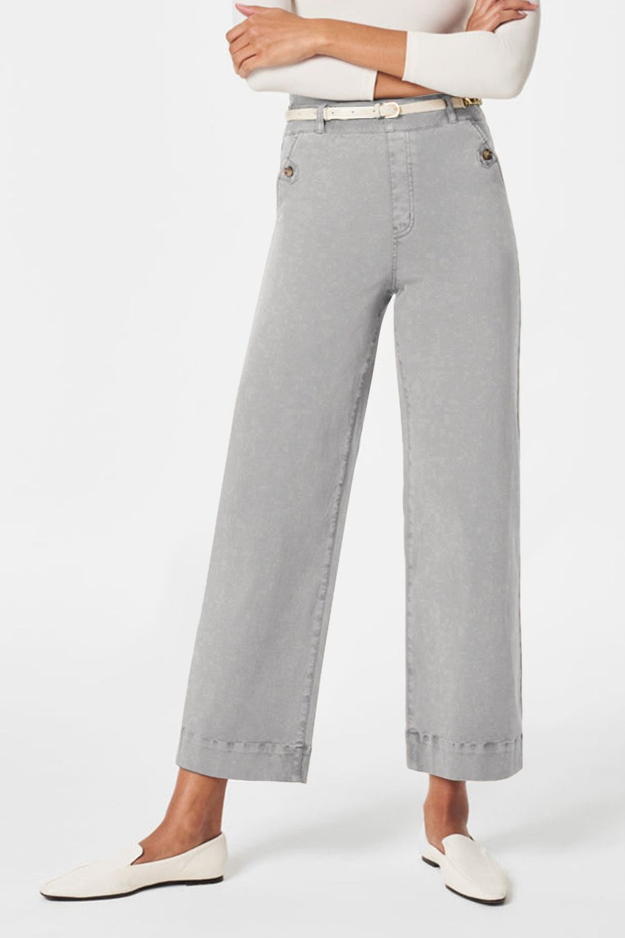 Light Gray wide-leg utility denim trousers with button details and a white belt.