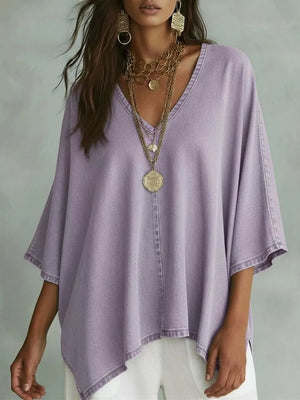 Navy Blue V-neck Batwing Sleeve T-shirt