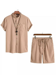 Men's beige two-piece set with mandarin collar shirt and drawstring shorts