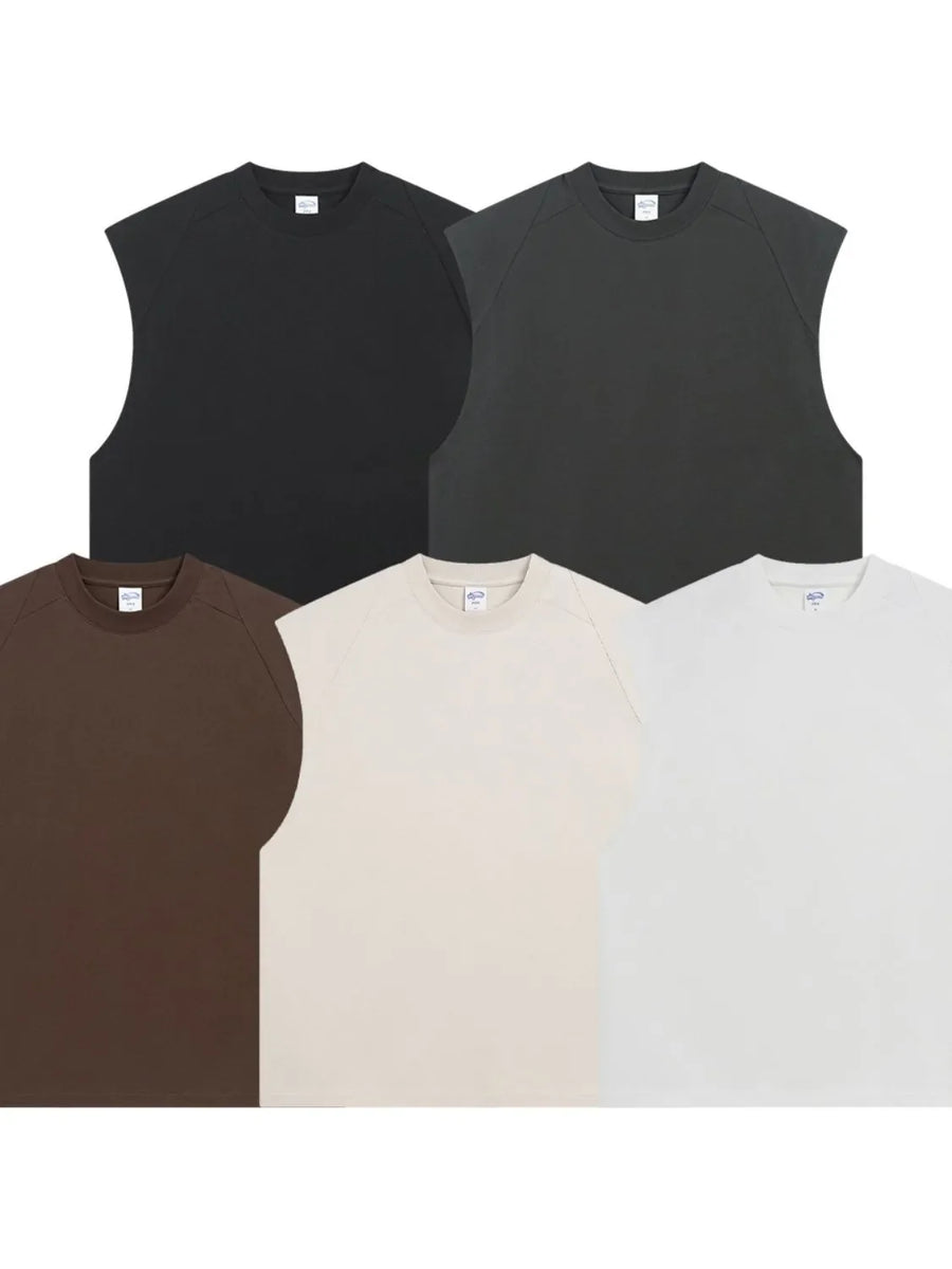 Sleeveless raglan top in black, dark gray, brown, beige, and white.