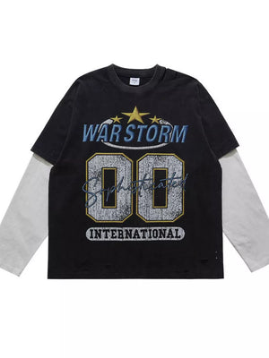 Black long sleeve t-shirt with distressed details and "WAR STORM 00 INTERNATIONAL" graphic.