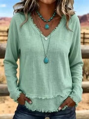 blouse in Gray with v-neck and long sleeve