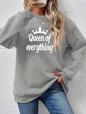 Grey graphic sweatshirt with white "Queen of everything" text and crown design.