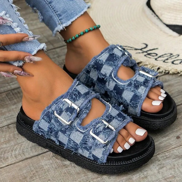Denim checkered platform buckle slides with frayed edges and double straps.