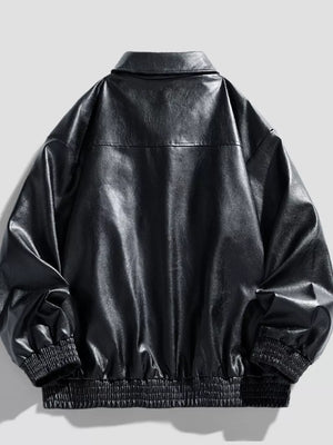Black leather zip-up coat with elastic cuffs and hem