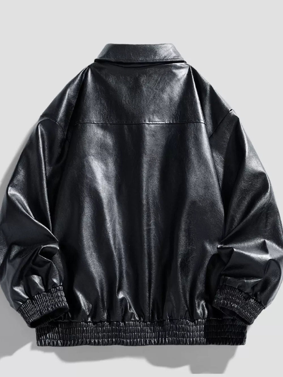 Black leather zip-up coat with elastic cuffs and hem